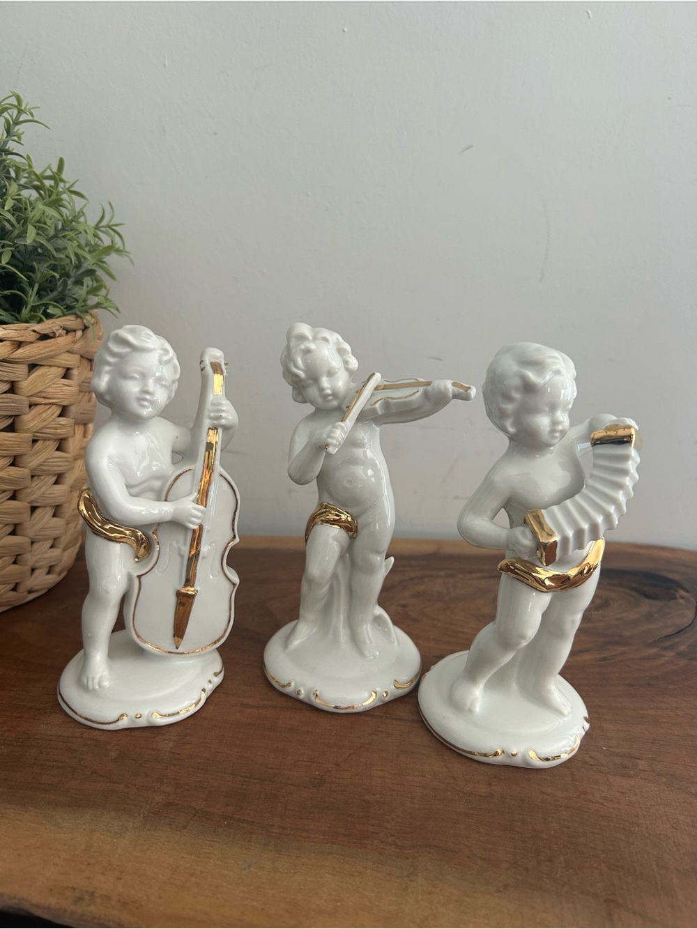 3 Vintage Porcelain Cherubs Musicians White with 24K Gold Plating,Japan